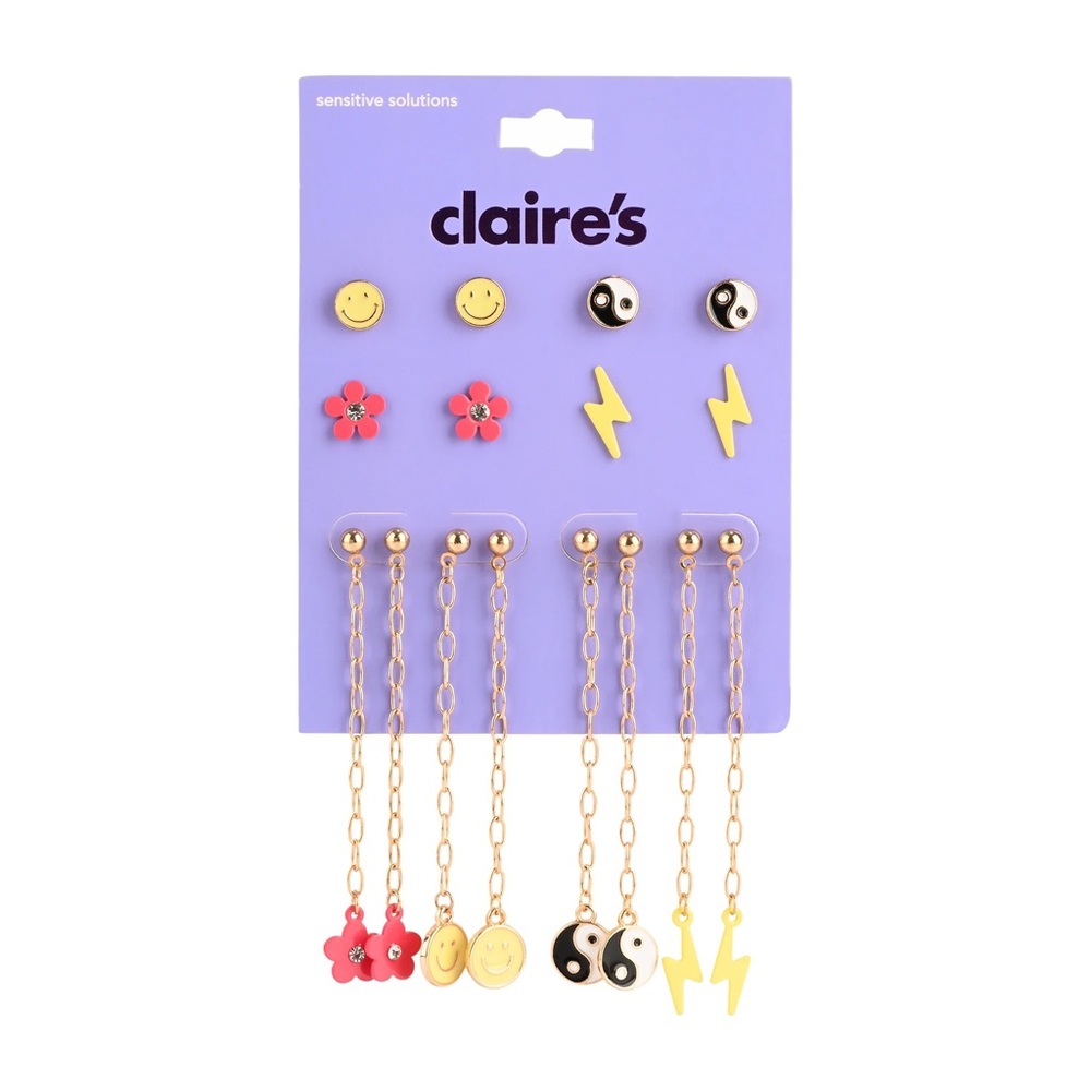 NEW! Claire's Gold Stud And Pendant Earrings Set, with Other Gemstone, 8-Pack